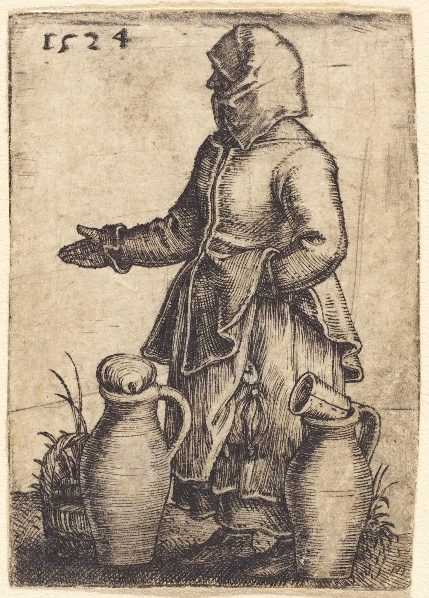 Peasant Woman with Two Jugs, by Barthel Beham, ink, 1524