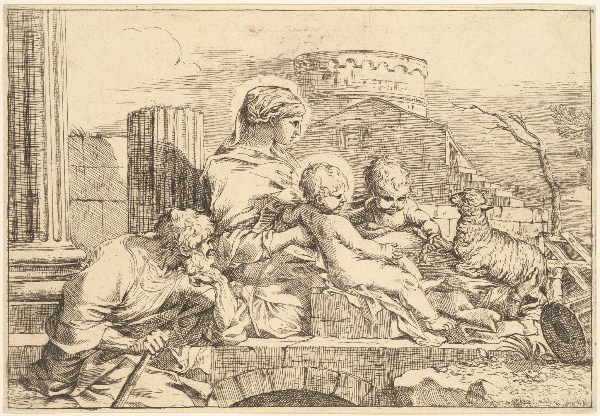 Holy Family Seated on an Arch, by Sébastien Bourdon, ink, 1647