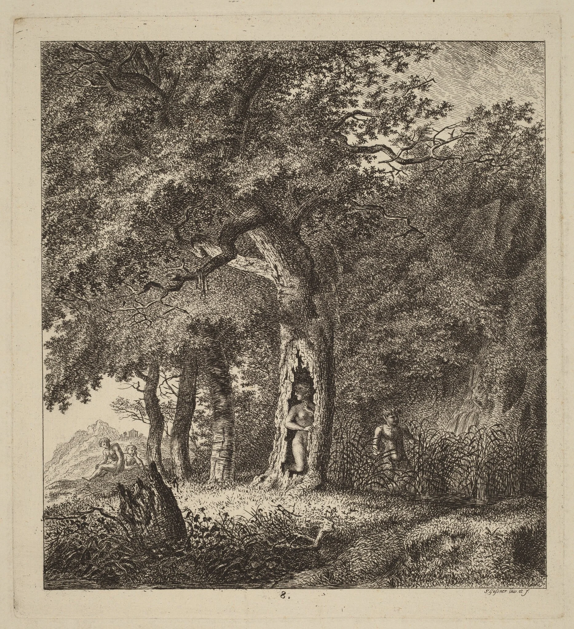 Wooded Landscape with a Nymph and a Satyr, by Salomon Gessner, ink, 1764