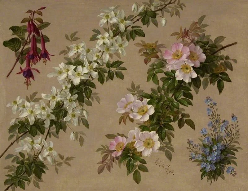 Wild roses and various other flowers and shrubs, by Paul de Longprè, oil