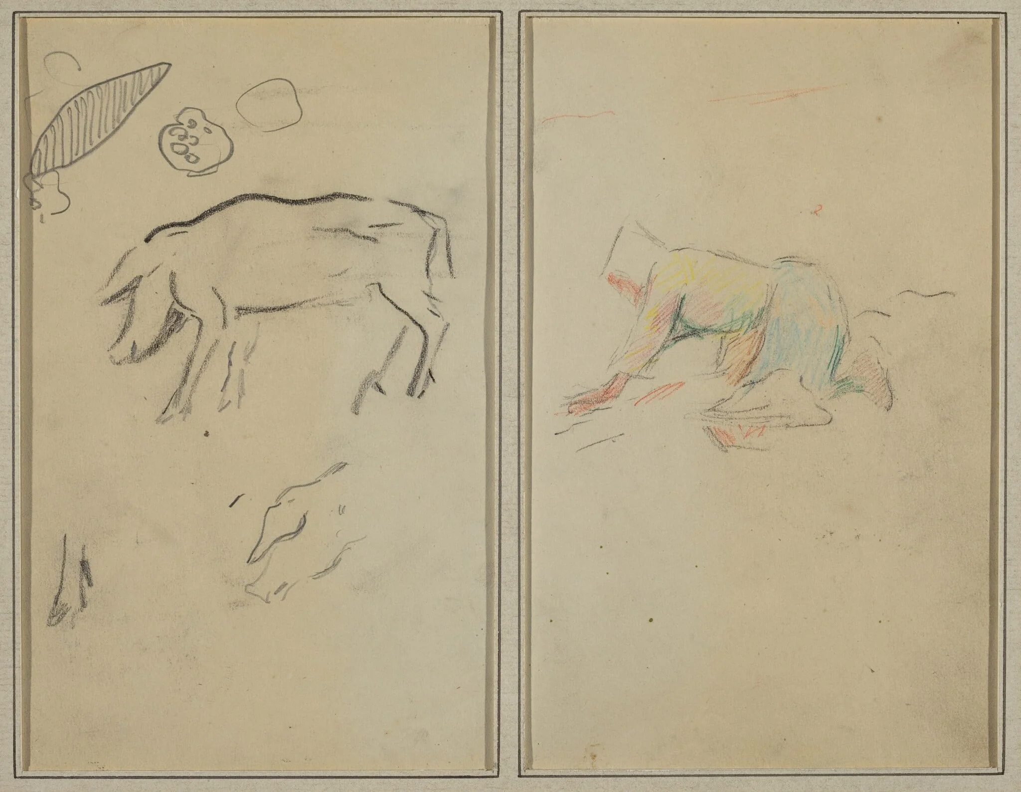 A Pig; Breton Peasant Kneeling [verso], by Paul Gauguin, graphite, 1886