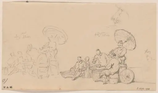 Chinese figures around a basket