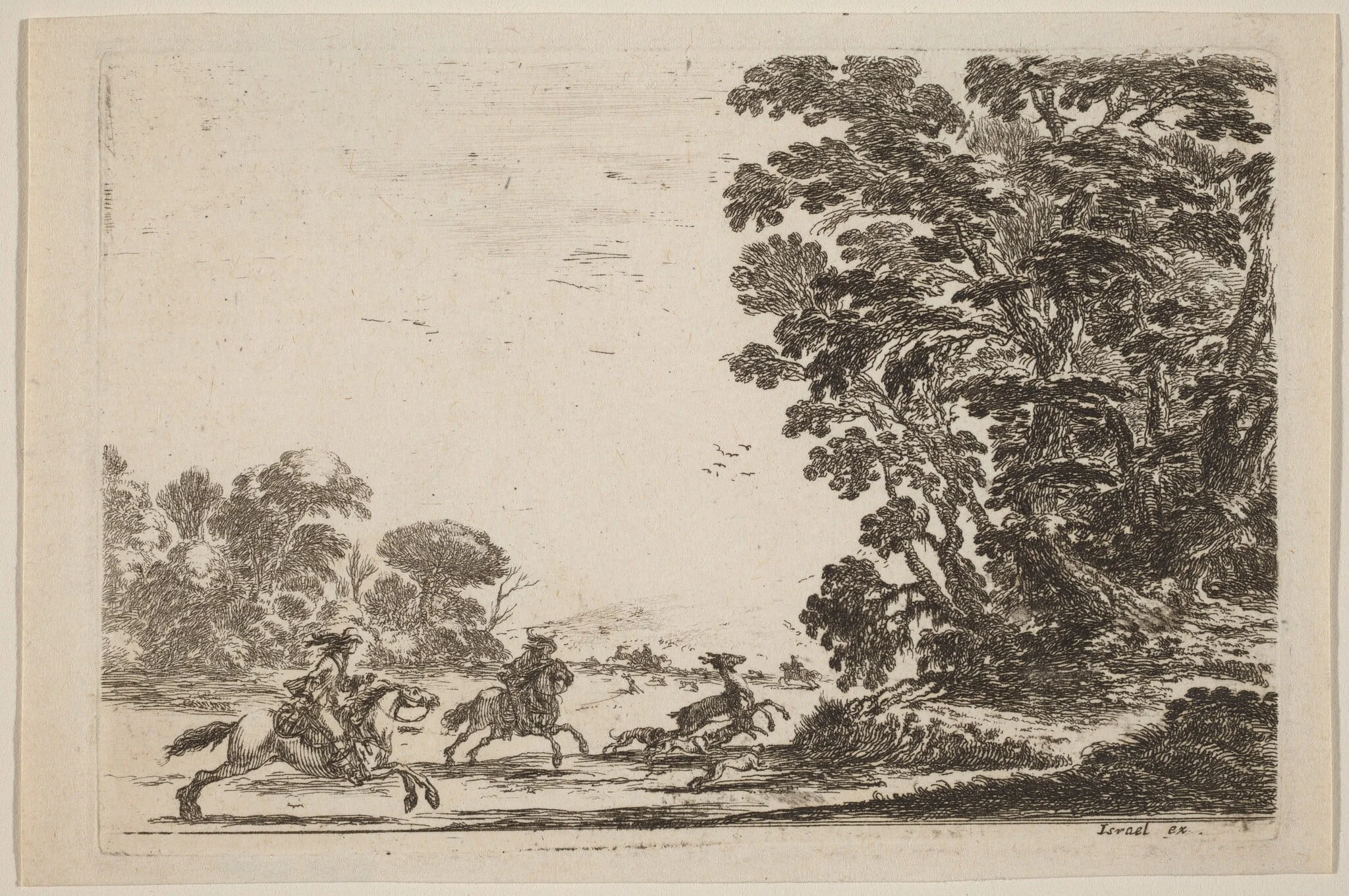 Forest with Deer Hunt, by Stefano Della Bella, ink, 1642
