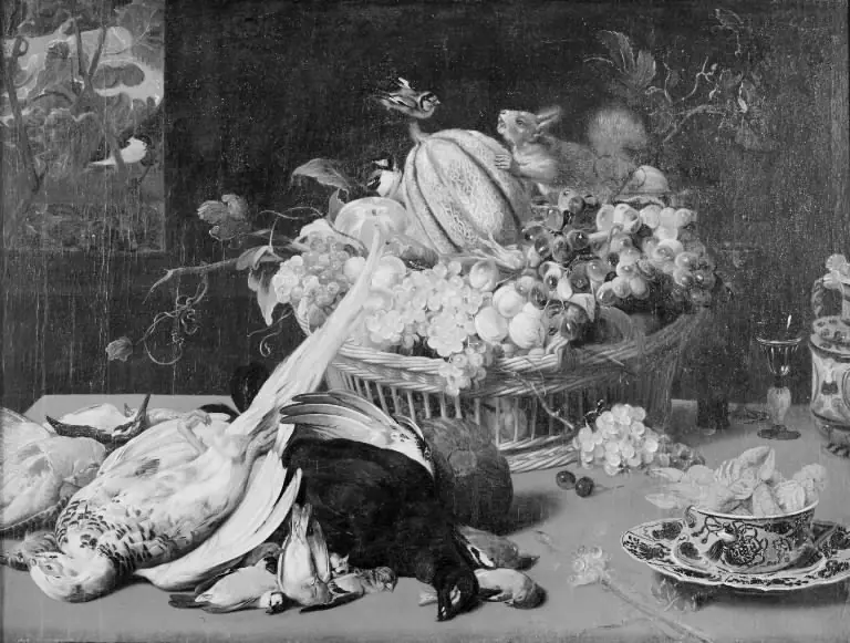 Still Life with Small Game, Basket of Fruit, Goldfinches and a Squirrel