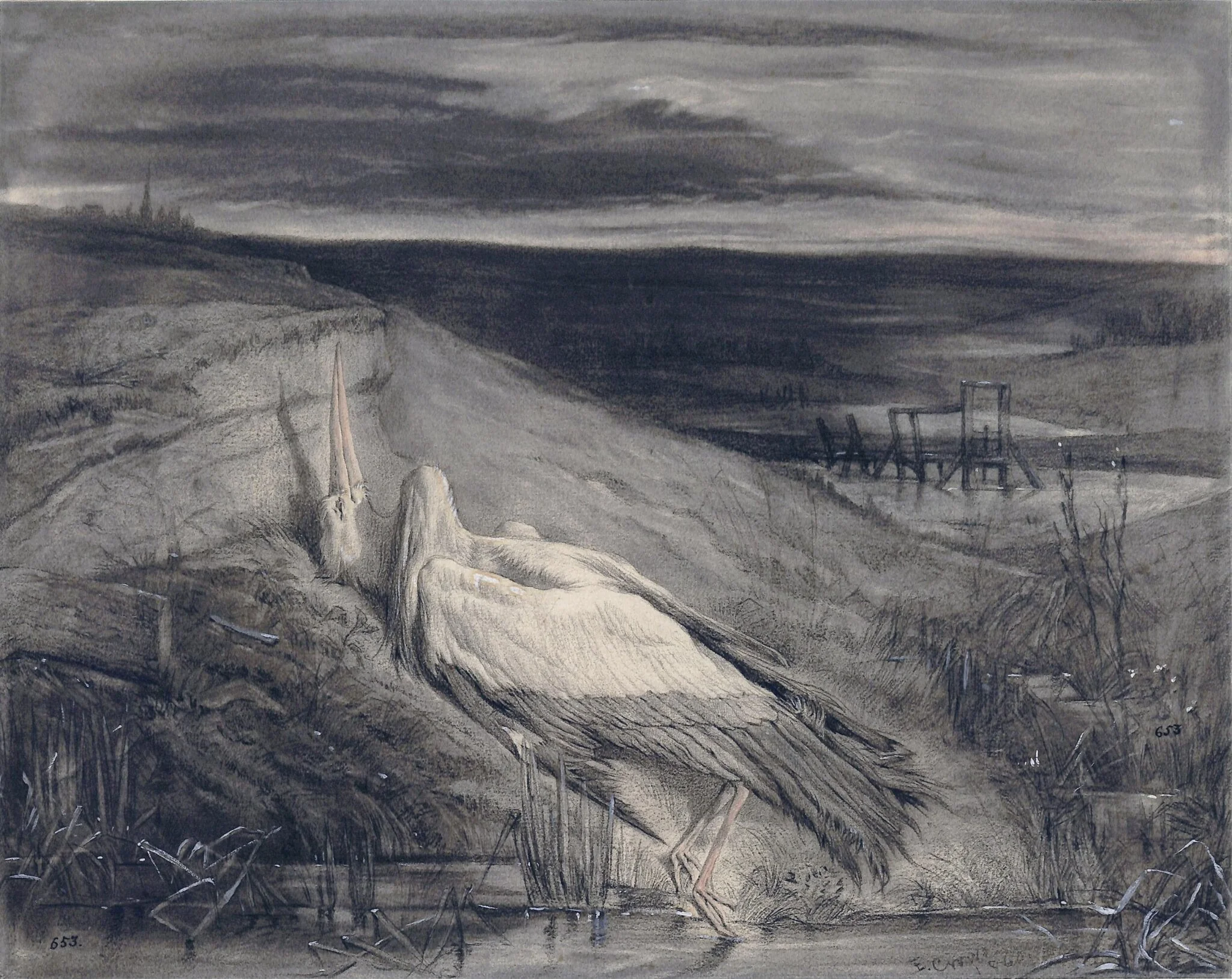 A dead stork on the bank of a stream, by Eyre Crowe, 1860