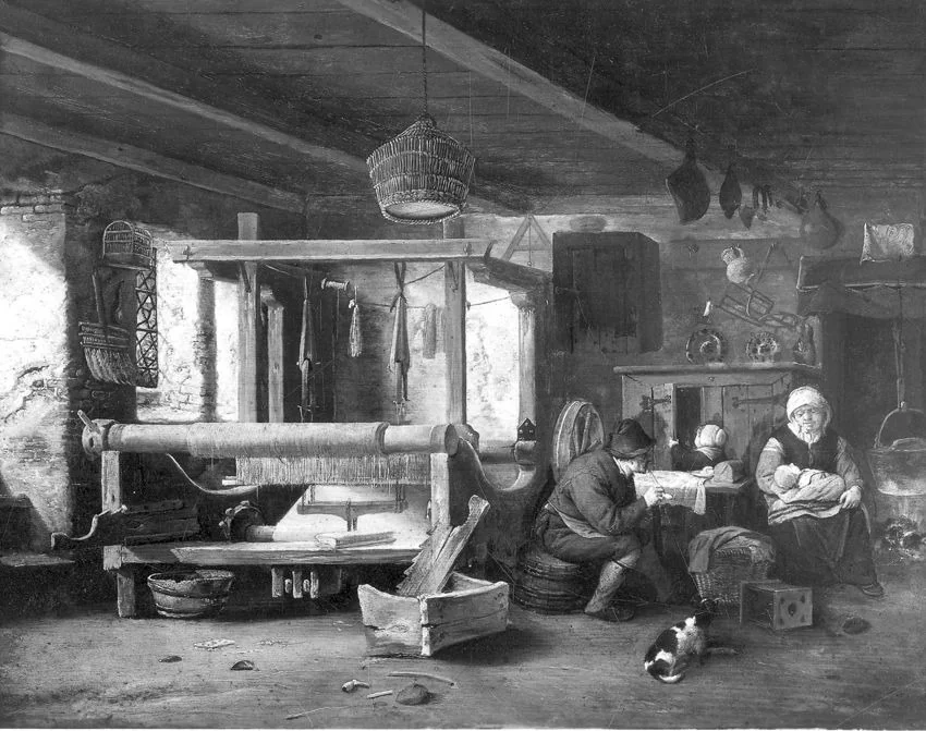 Weaver's workshop, by Cornelis Gerritsz Decker, oil, 1670