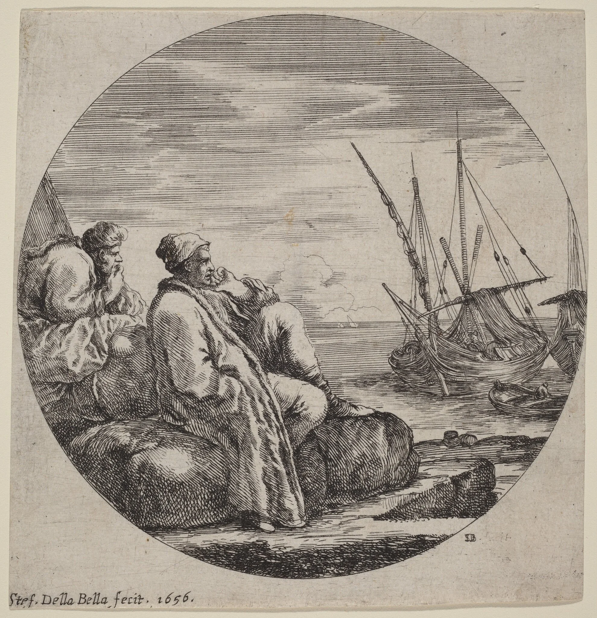 Seaport with Two Turkish Merchants, by Stefano Della Bella, ink, 1656