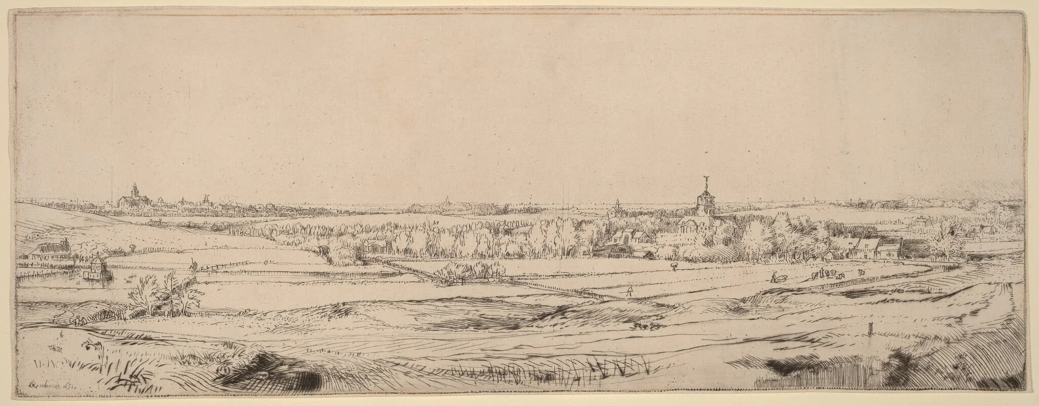 Landscape with a View toward Haarlem (The Goldweigher's Field), by Rembrandt, ink, 1651