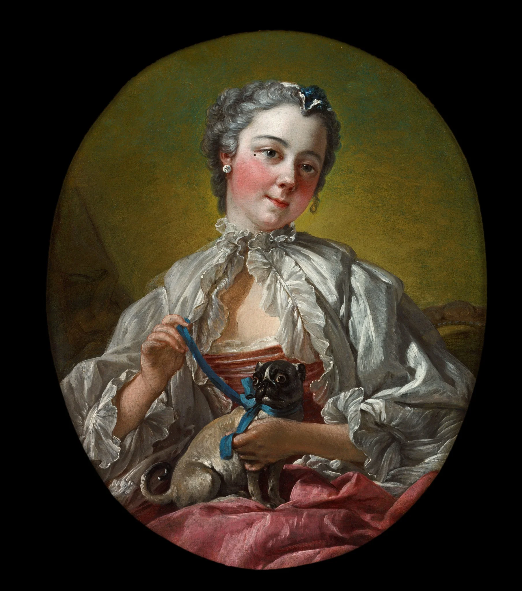 A young lady holding a pug dog, by François Boucher, oil, 1740