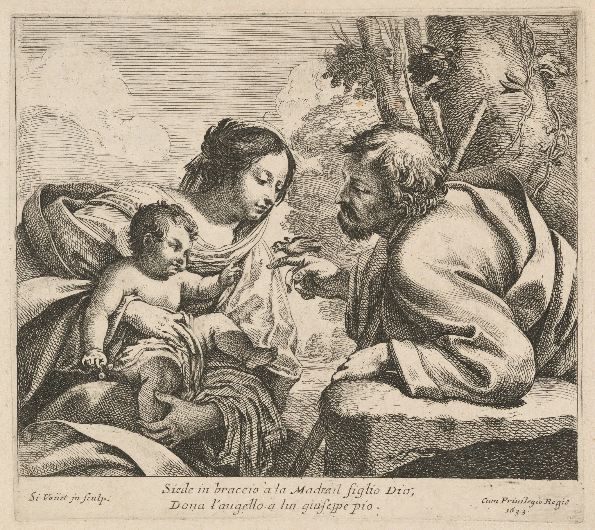 Holy Family with a Bird, by Simon Vouet, ink, 1633