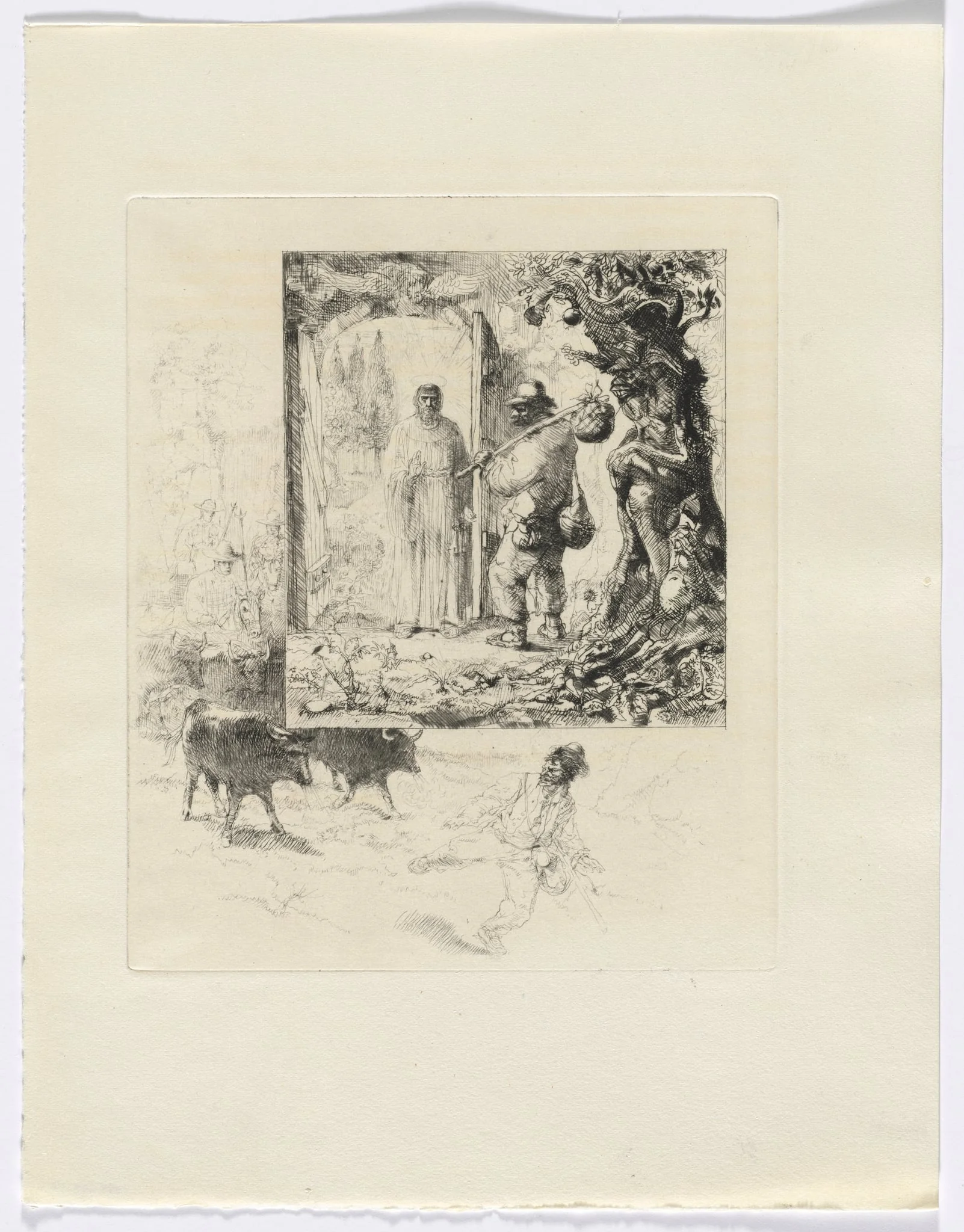 Frédéric Mistral: Mémoires et Recits by Frédéric Mistral: vagabond and monk/ landscape with cows (insert after 160), by Auguste Brouet, 1937