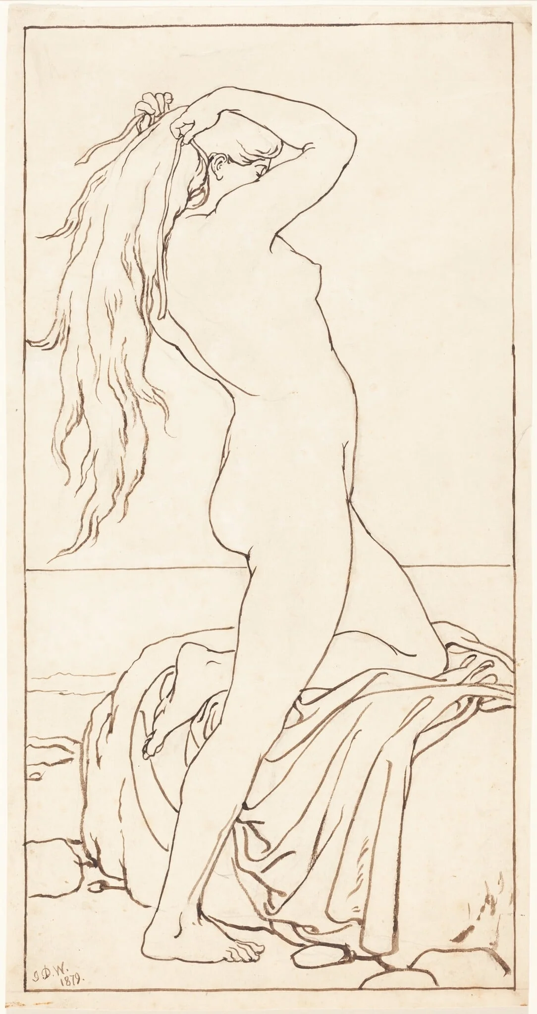 Standing Nude Binding Her Hair, by John Dawson Watson, ink, 1879