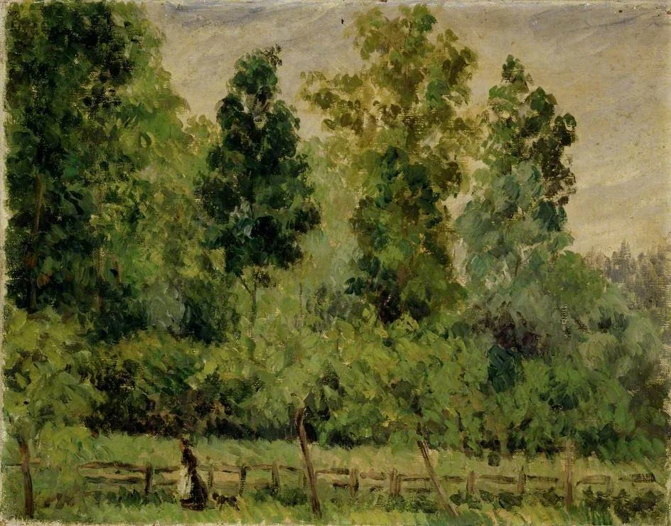 Wooded Landscape: A Woman walking with a Dog, by Félix Pissarro, oil, 1895