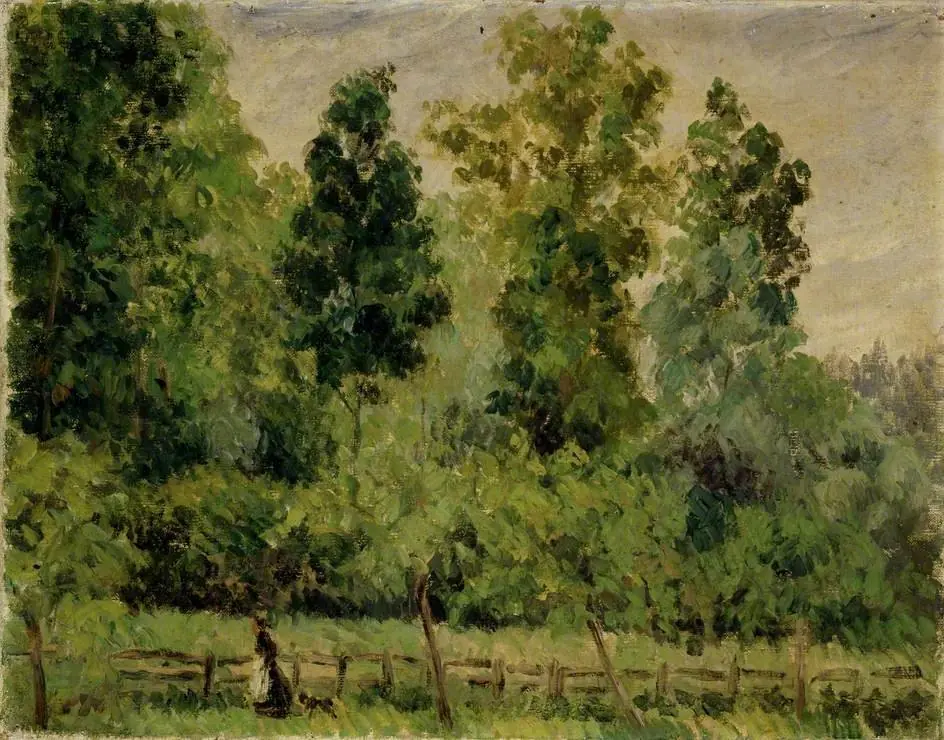 Wooded Landscape: A Woman walking with a Dog