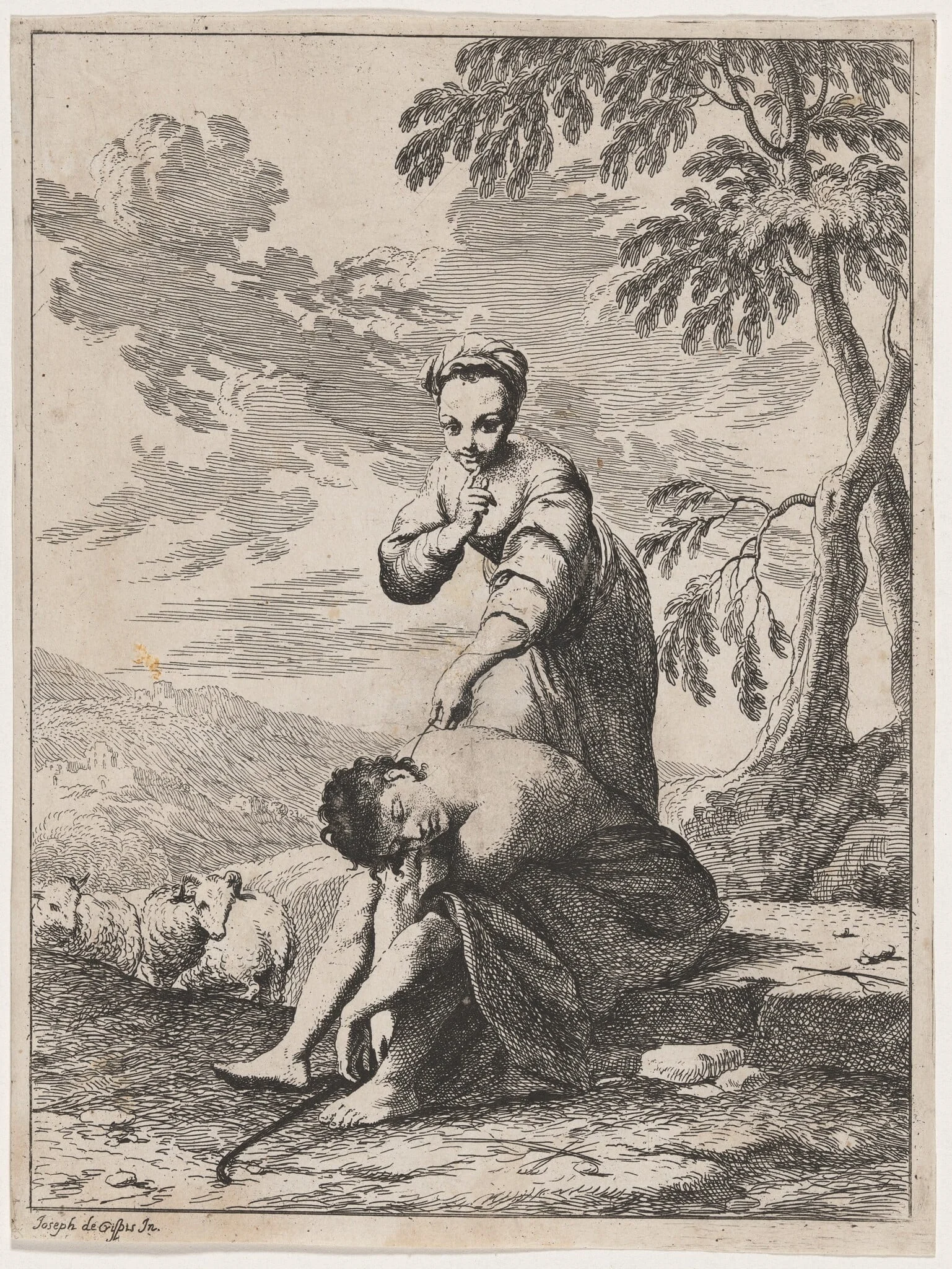 Sleeping Shepherd Tickled by a Shepherdess, by Giuseppe Maria Crespi, ink, 1736