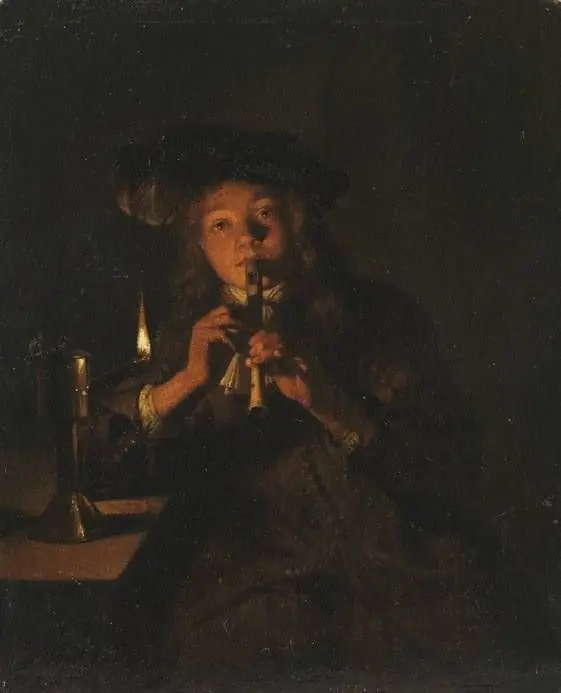 Boy Playing the Flute by Lamplight