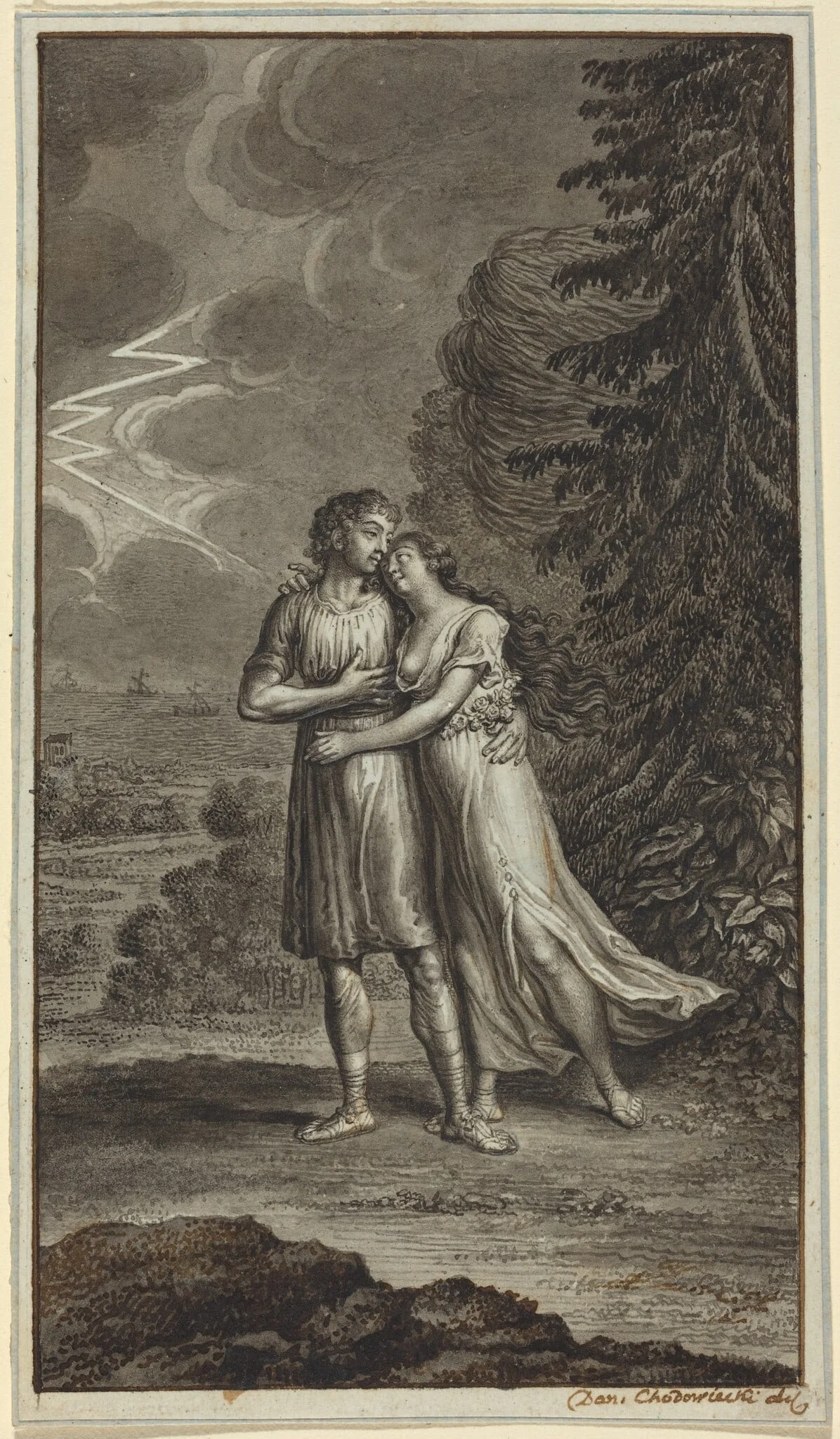 Lovers in a Thunderstorm, by Daniel Nikolaus Chodowiecki, ink, 1764