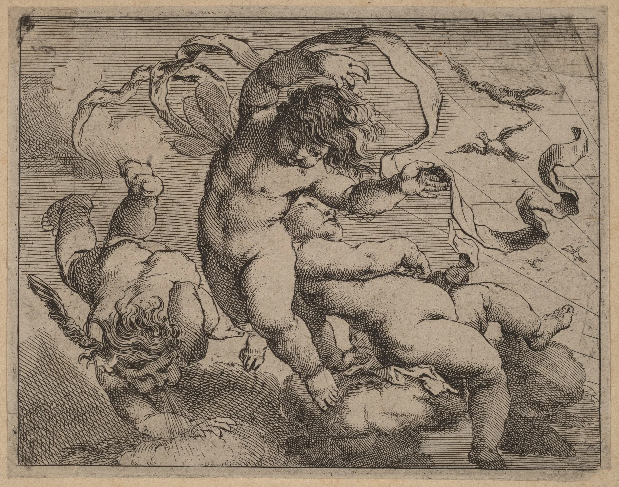 Three Flying Putti, by Cornelis Schut I, ink, 1626