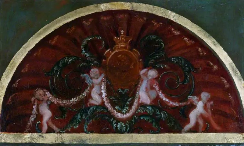 Lunette Sketch of Cupids Supporting an Escutcheon of the Prince of Wales for a Wall Decoration