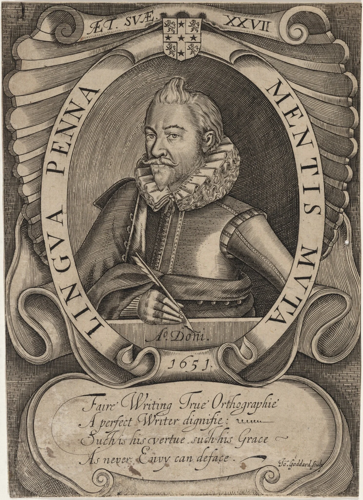 Martin Billingsley, Writing Master, by John Goddard, ink, 1651