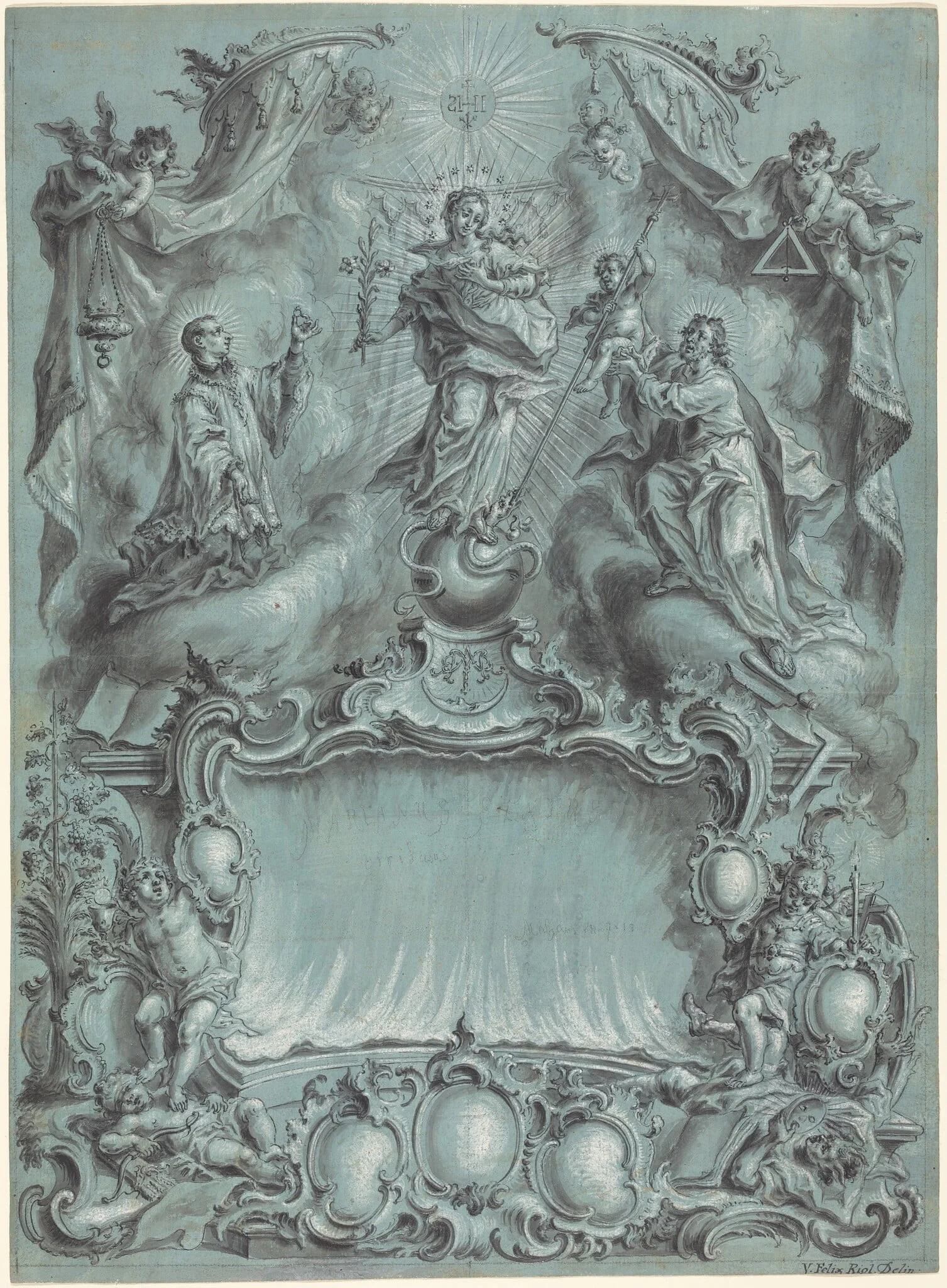 An Elaborate Rococo Setting with the Virgin and Child and Saints Defeating Evil, Heresy, and Profane Love