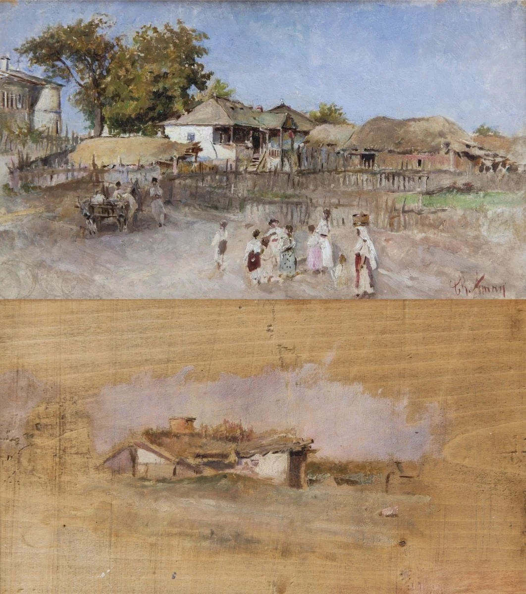 Scenă campestră. Verso: Peisaj cu bordeie îngropate, eboșă, by Theodor Aman, 1850