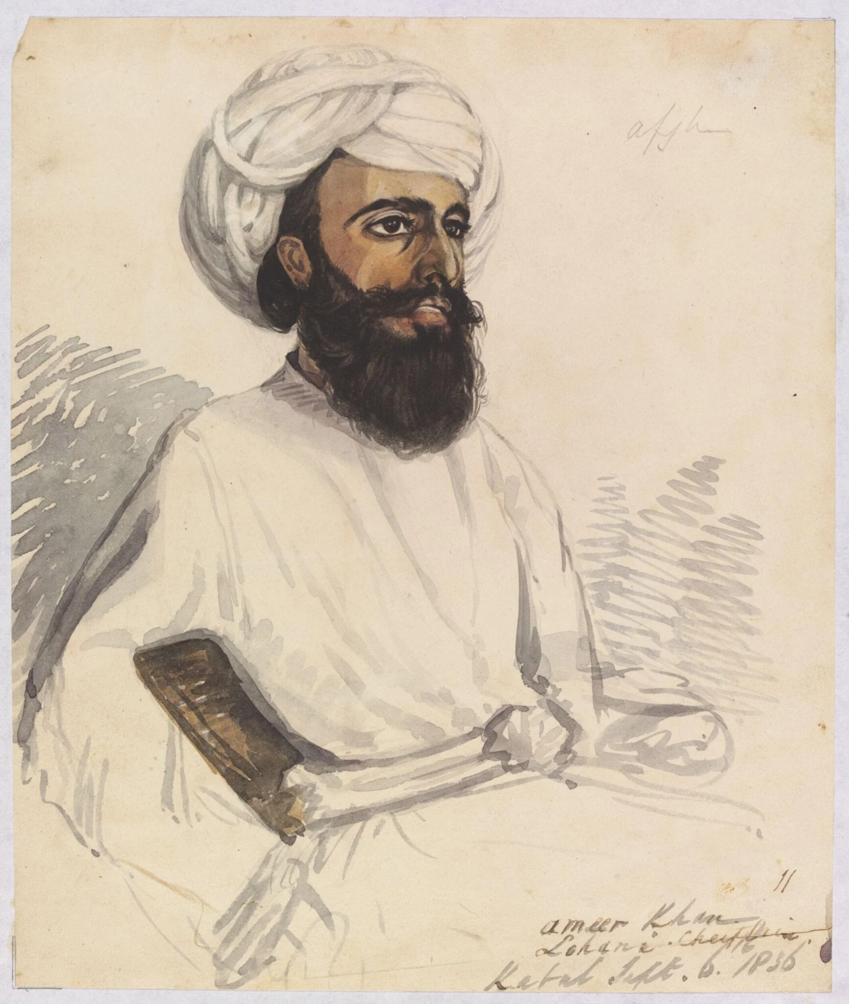 Ameer Khan  Lohani Cheiftain [sic], by Godfrey Thomas Vigne, watercolor, 1836