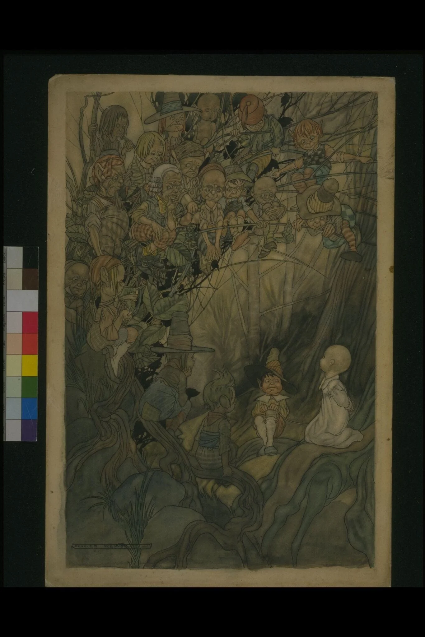 Goblins cross-examining a baby whom one of the has captured