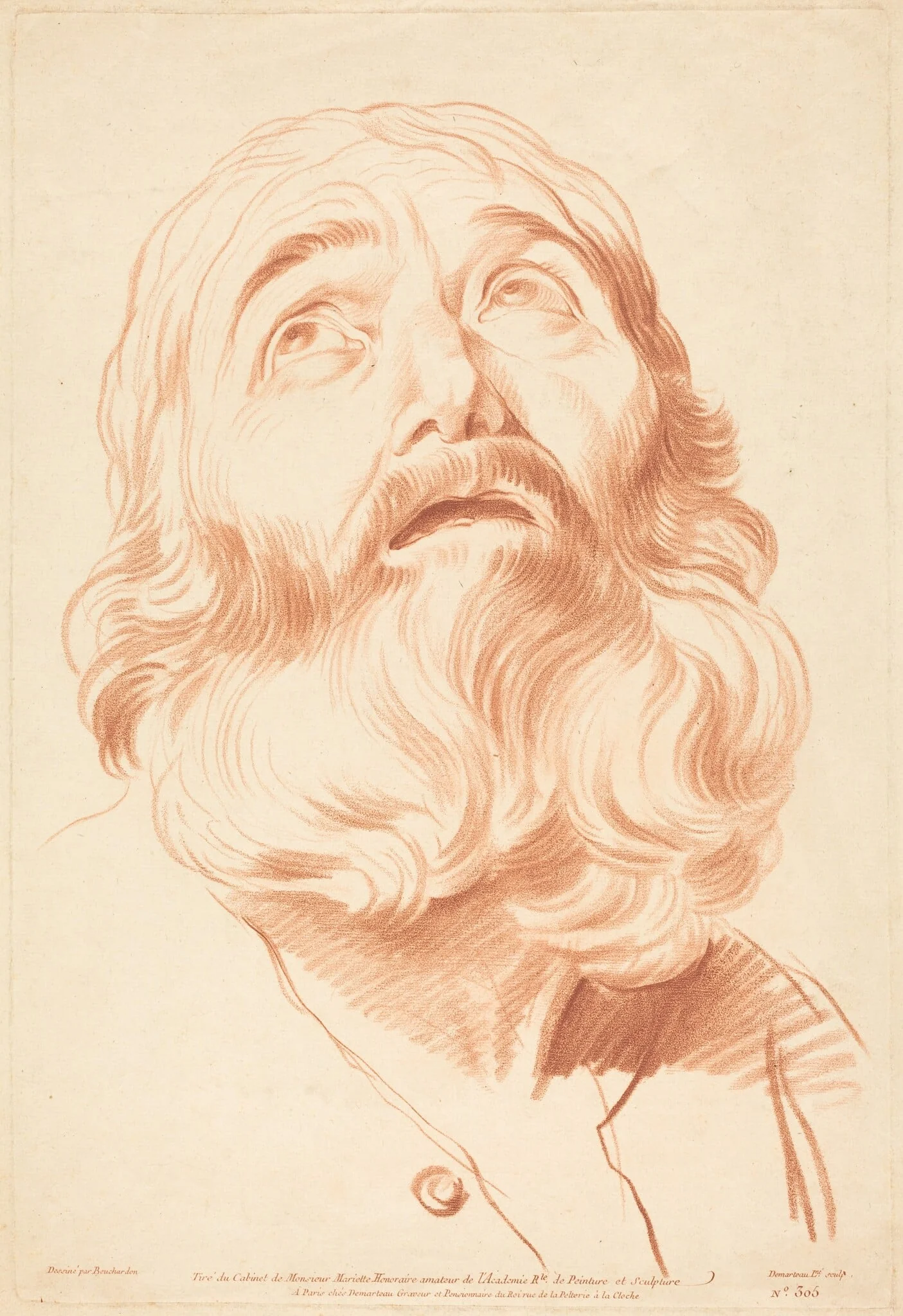 Head of a Man, by Gilles Demarteau the Elder, chalk, 1749