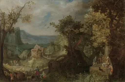Hunter and Horsemen on a Wooded Road, with a Village in a Valley beyond