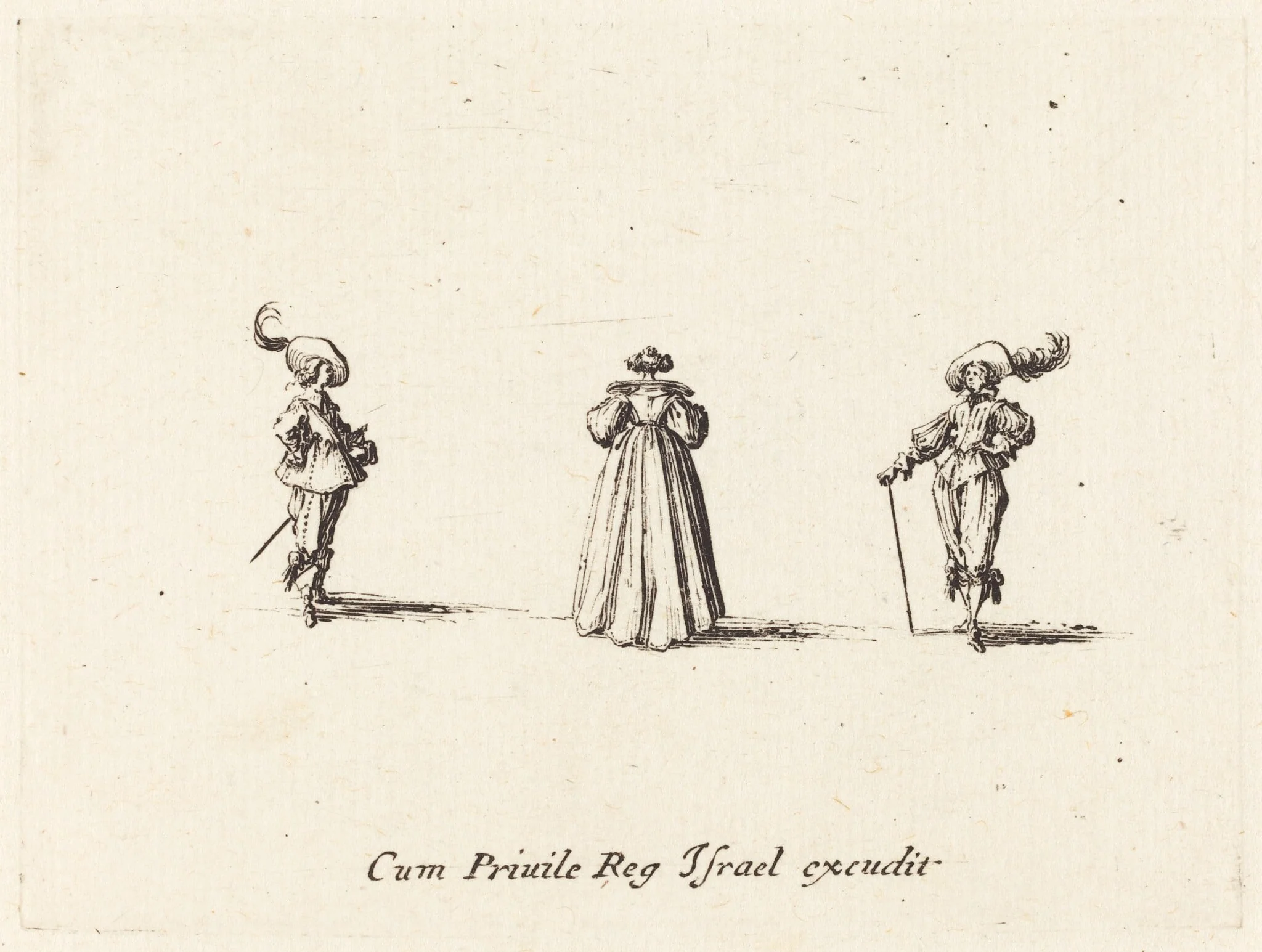 Lady Seen from Behind, and Two Gentlemen, by Jacques Callot, ink, 1634