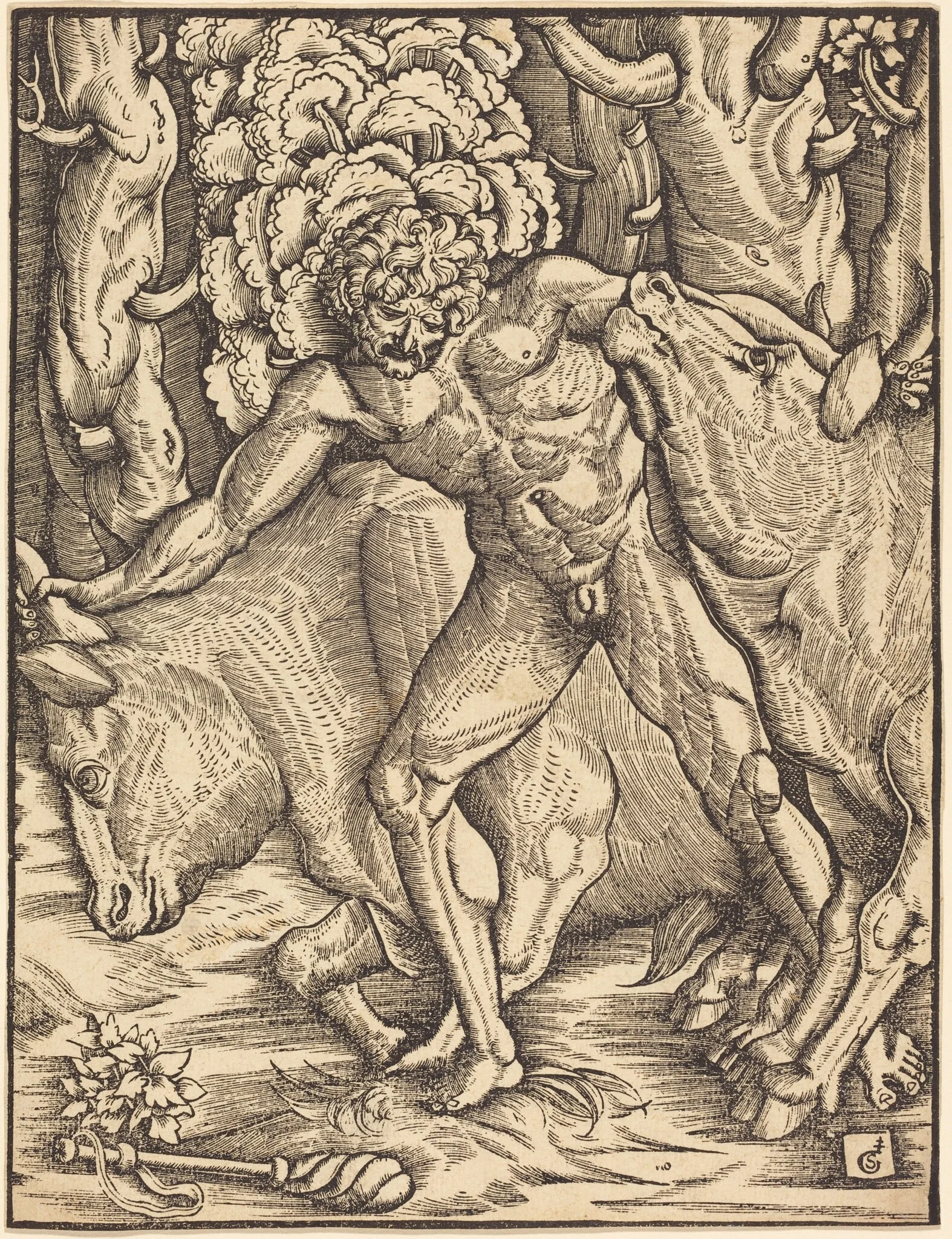 Hercules Carrying Off the Cattle of Geryon, by Gabriel Salmon, ink, 1528