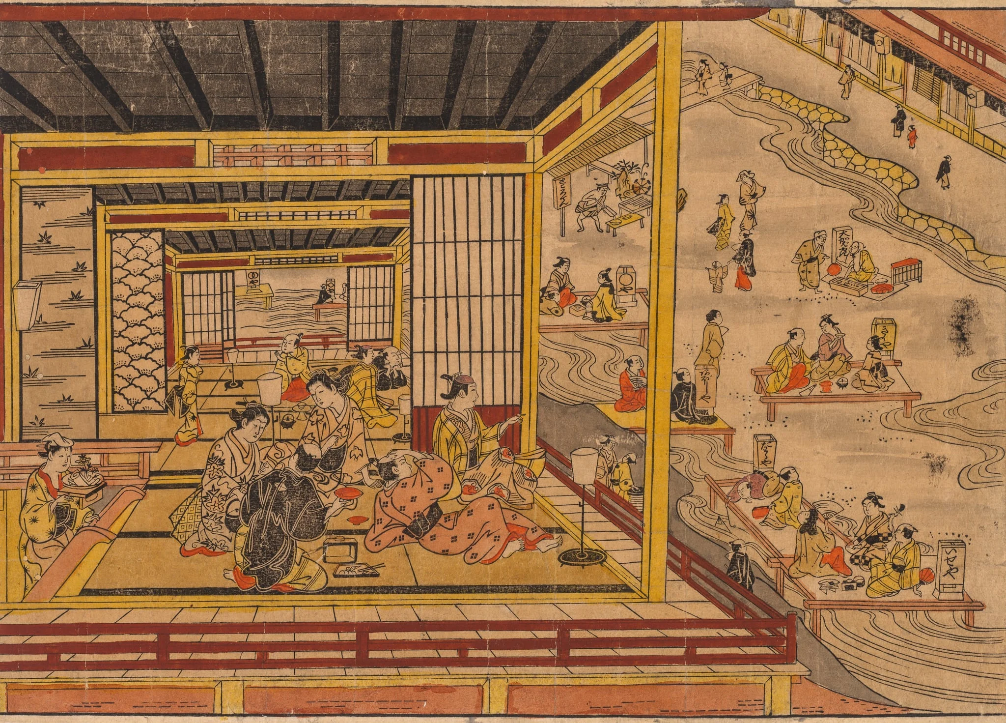 Tea House Beside the Kamo River in Kyoto, by Nishimura Shigenaga, 1744