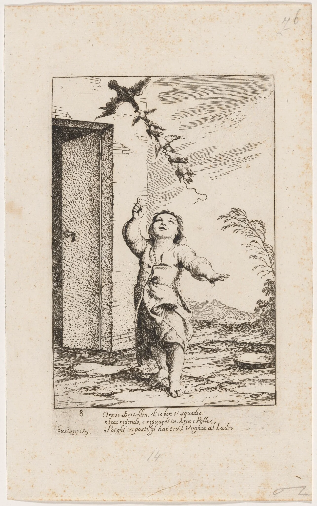 Bertoldino with the Birds Carried Away By the Kite, by Giuseppe Maria Crespi, ink, 1712