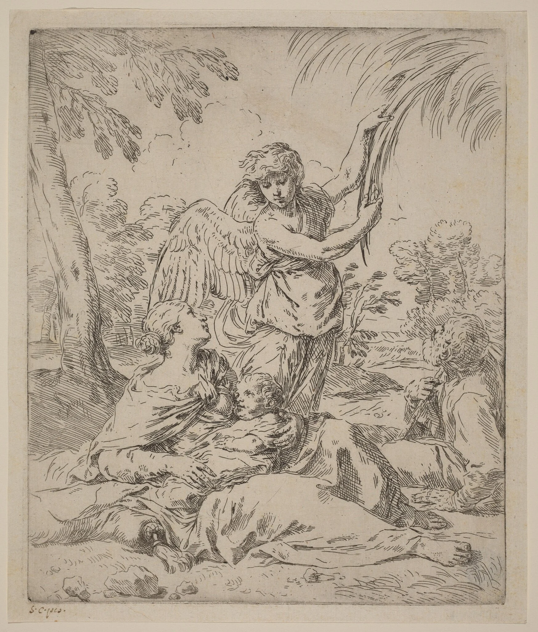 The Rest on the Flight into Egypt, by Simone Cantarini, ink, 1639