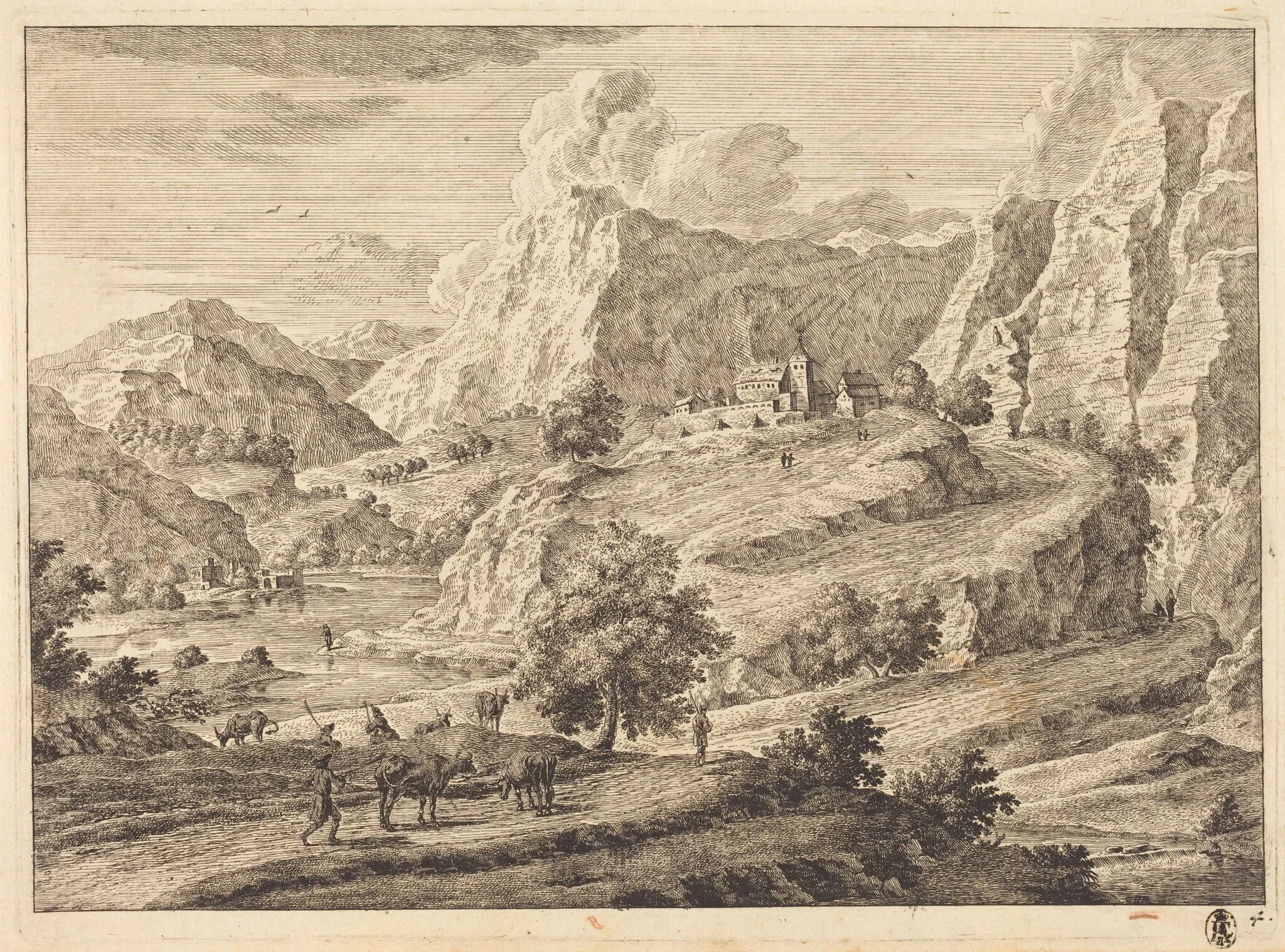 Mountainous Landscape with Figures and a Monastary, by Georg Eisenmann, ink, 1772