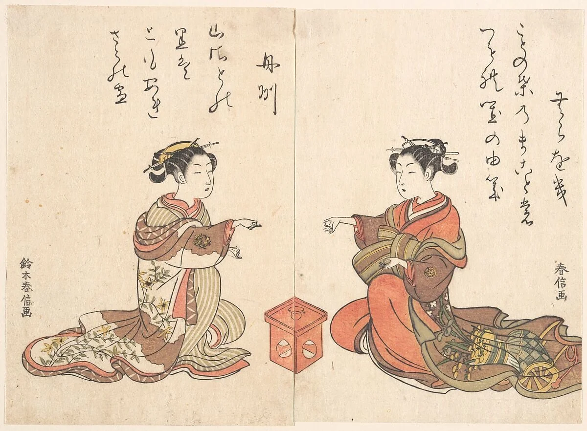 青楼美人合|Two Girls Play the Finger Game of Kitsume Ken, by Suzuki Harunobu, ink, 1748