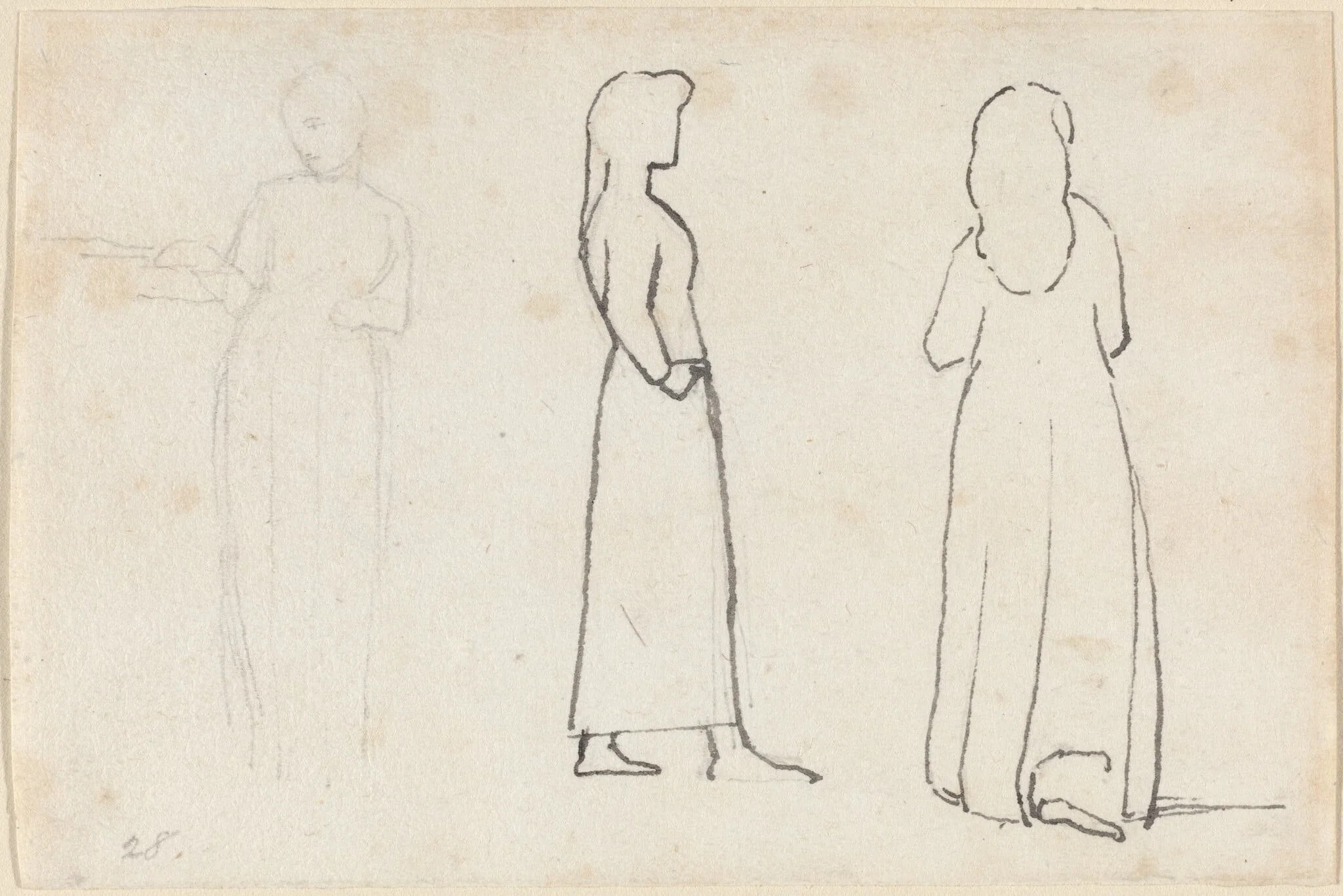 Three Sketches of a Standing Woman, by John Flaxman, ink, 1790