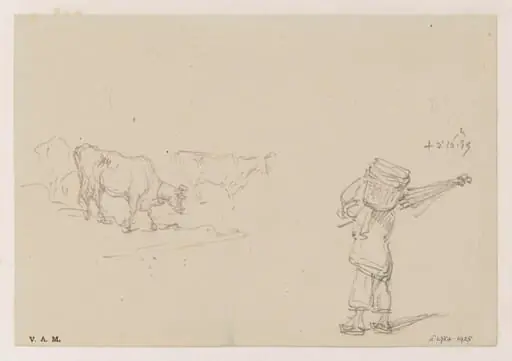 Cows, and a figure carrying a basket