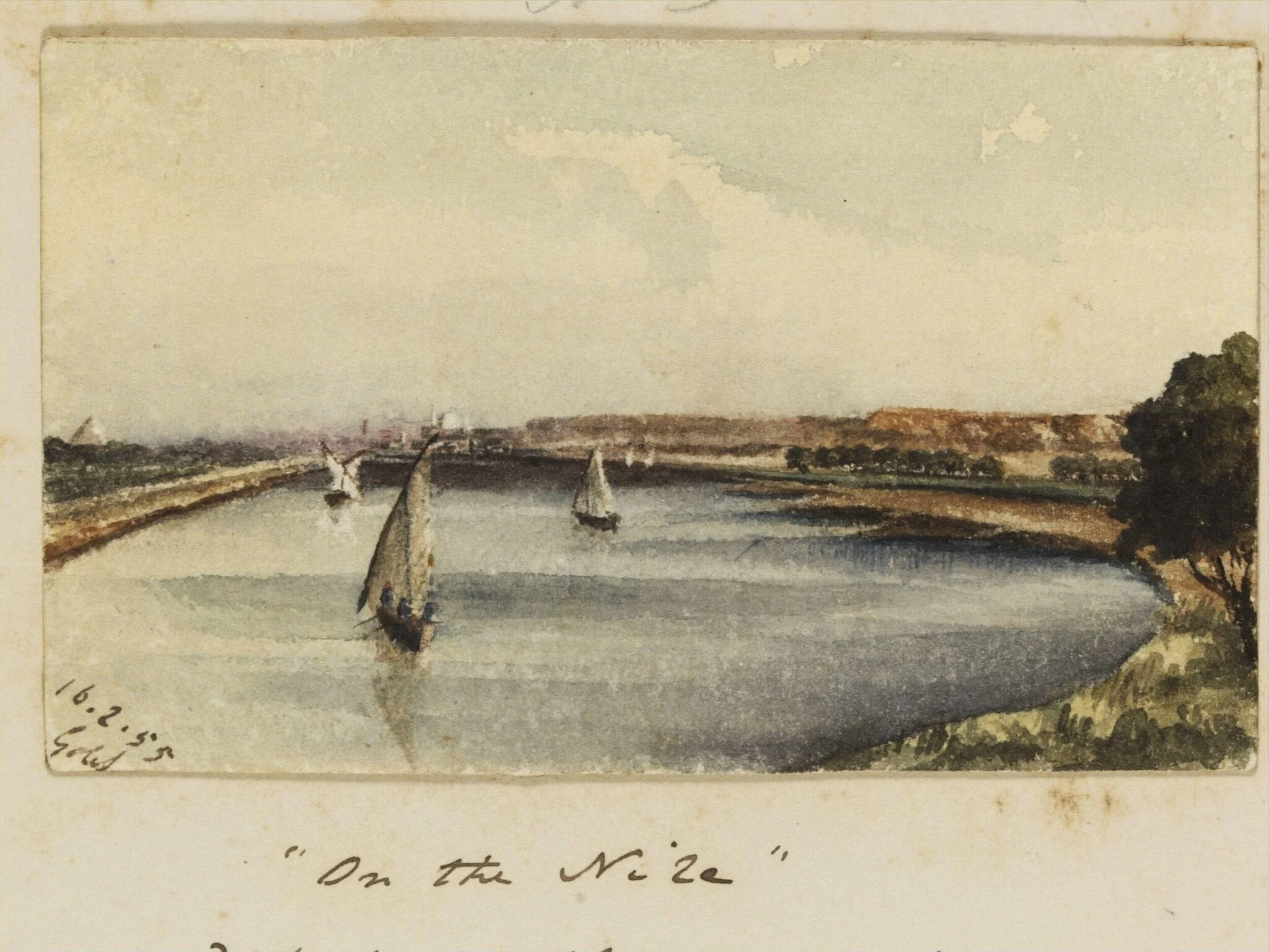 "On the Nile"  Distant view of Cairo & Grand Mosque', by George de Sausmarez, watercolor, 1855