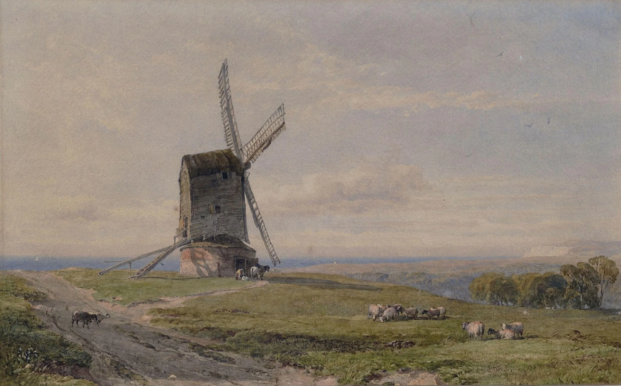 Old Windmill, near Eastbourne, by Fripp, watercolor, 1862