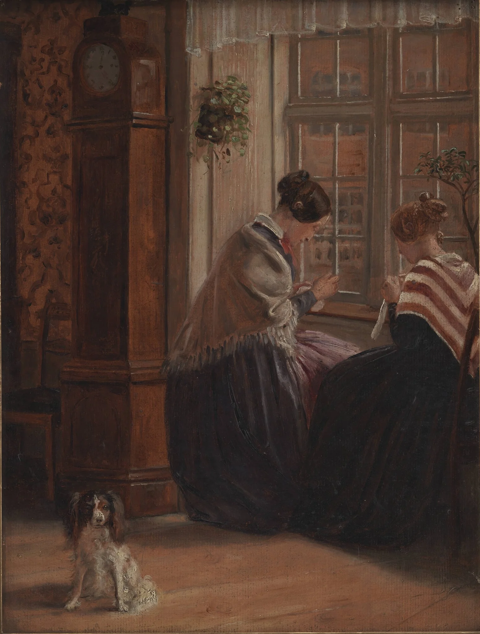 To damer sidder ved et vindue og syr, by Unknown, 1875