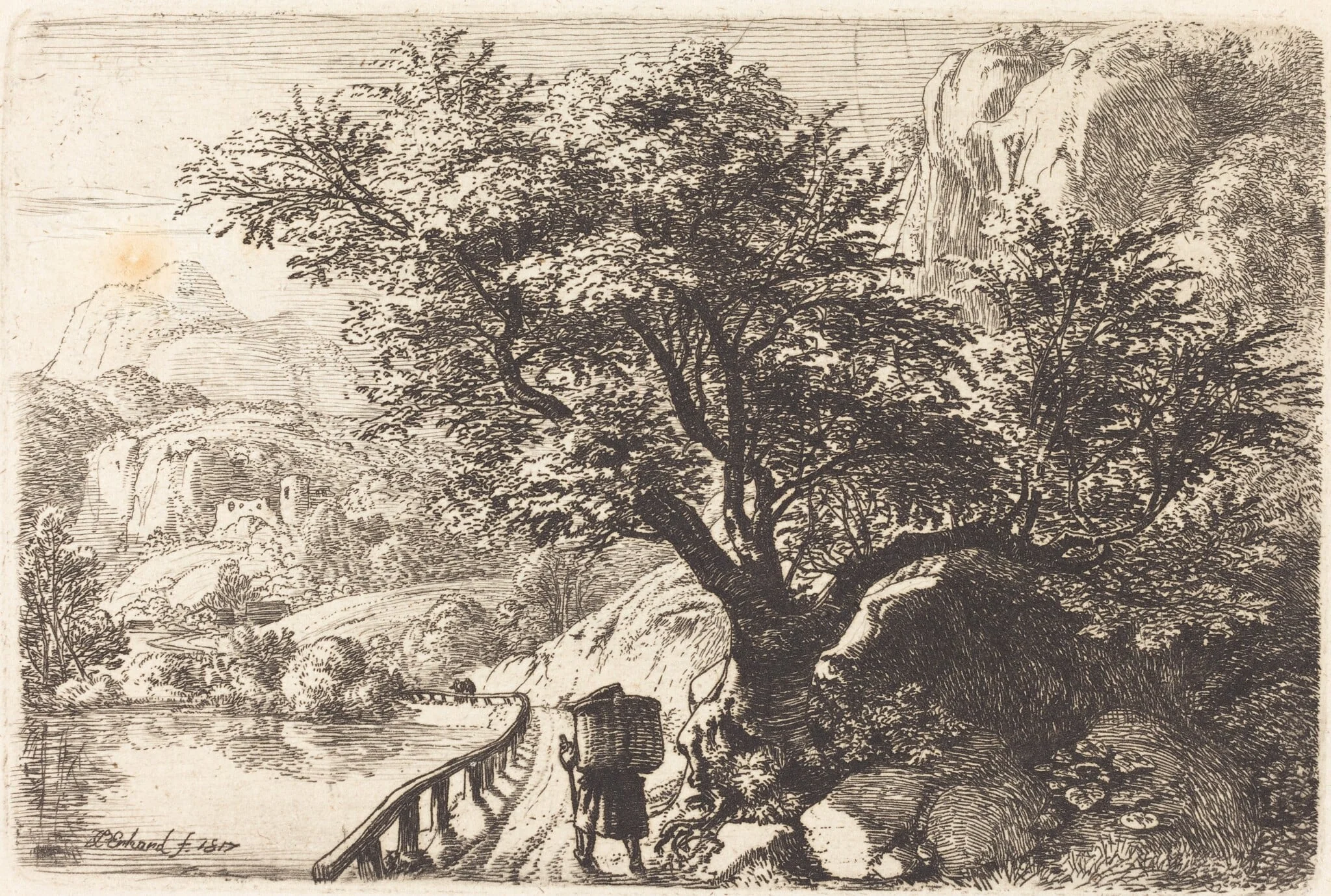 Peasant Walking along a River, by Johann Christoph Erhard, ink, 1817