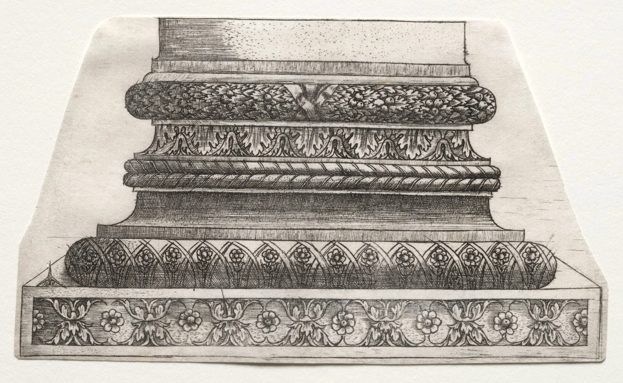Base and Capital with Figure of Fame and Winged Horses (base), by Master G. A. with the man-trap, 1538