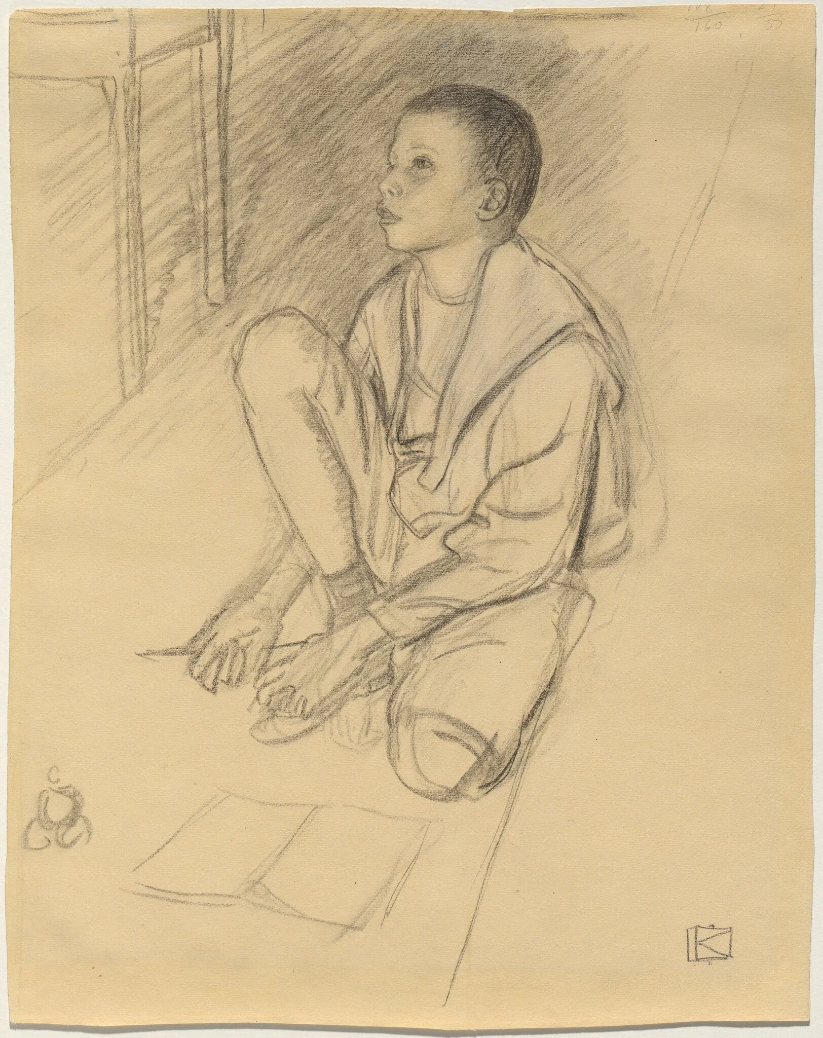 The Artist's Son Wolf Crouching on the Floor, by Leopold von Kalckreuth, charcoal, 1900