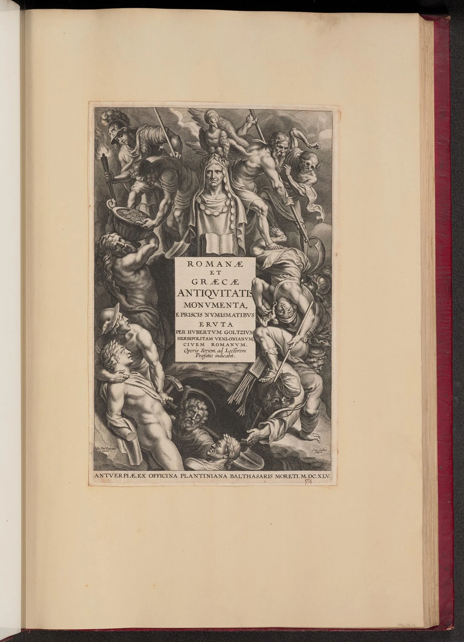 Title Page for Hubert Goltzius, Romanae et Graecae Antiqvitatis Monvmenta (Opera Omnia, I), by Cornelis Galle I, ink, 1645