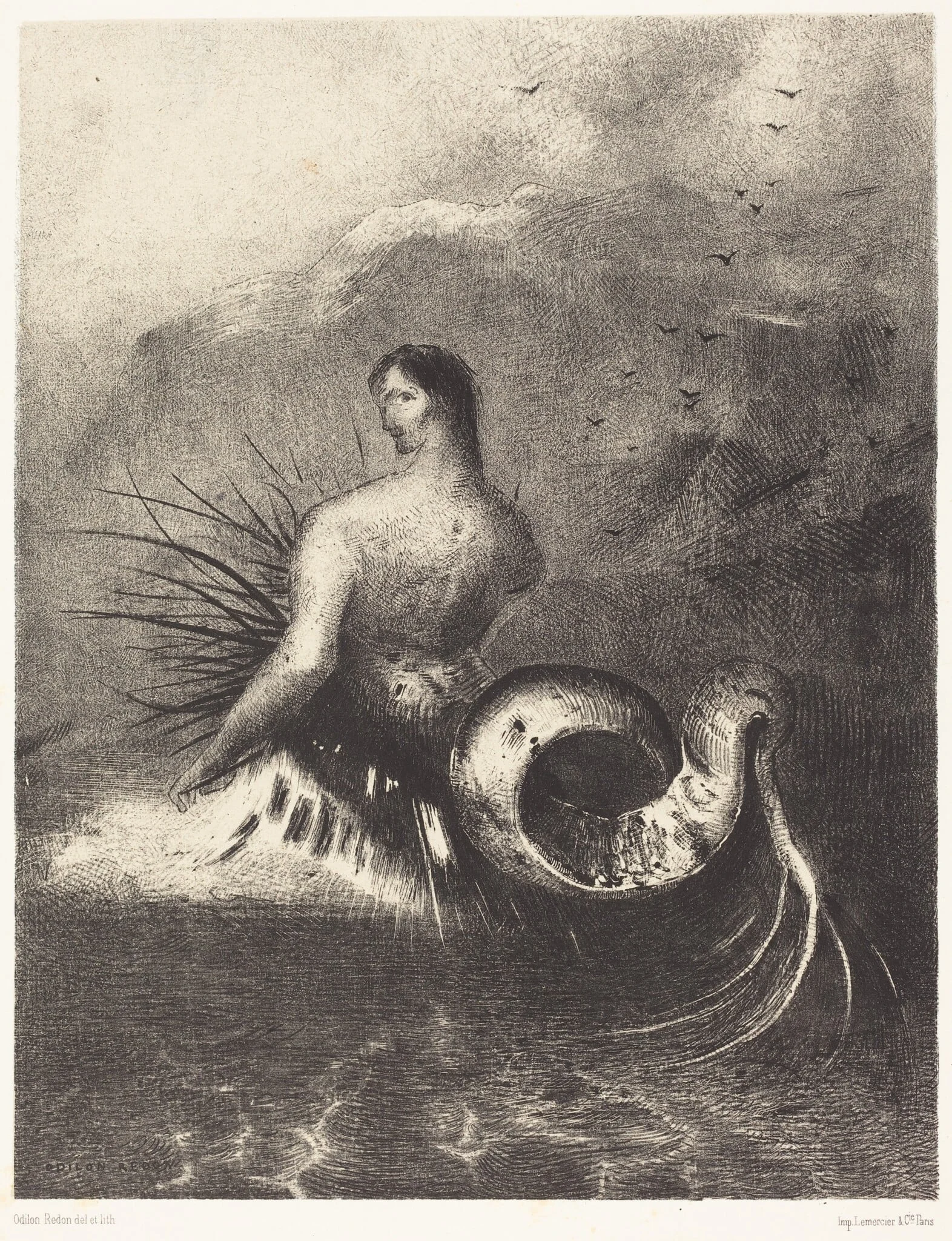 La sirene sortit des flots vetue de dards (The Siren clothed in barbs, emerged from the waves, by Odilon Redon, ink, 1883