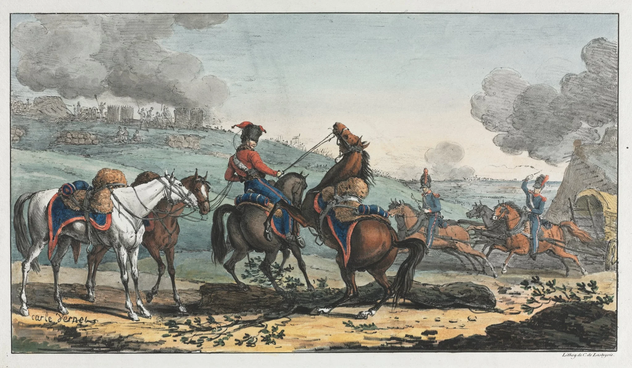 Mounted Artilleryman Leading Three Horses, by Carle Vernet, 1818