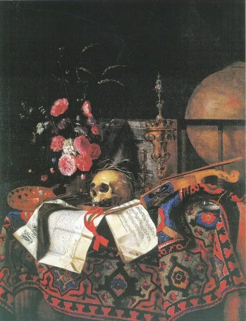 Vanitas still life with bouquet of flowers, painters palette, globe, violin and acorn cup