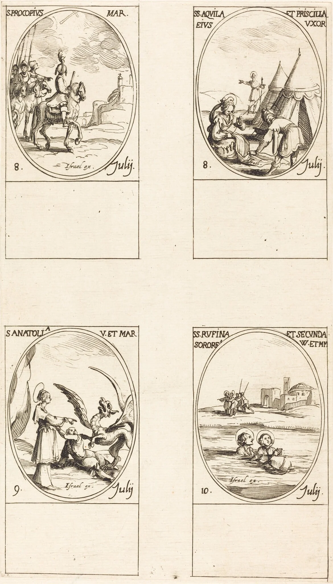 St. Procopius; Sts. Aquila and Prisca; St. Anatolia; Sts. Rufina and Secunda, by Jacques Callot, ink, 1634